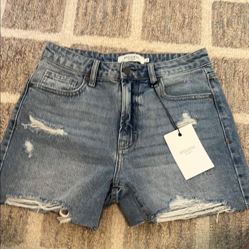 Blue Distressed high rise Jean Shorts with Raw Hem